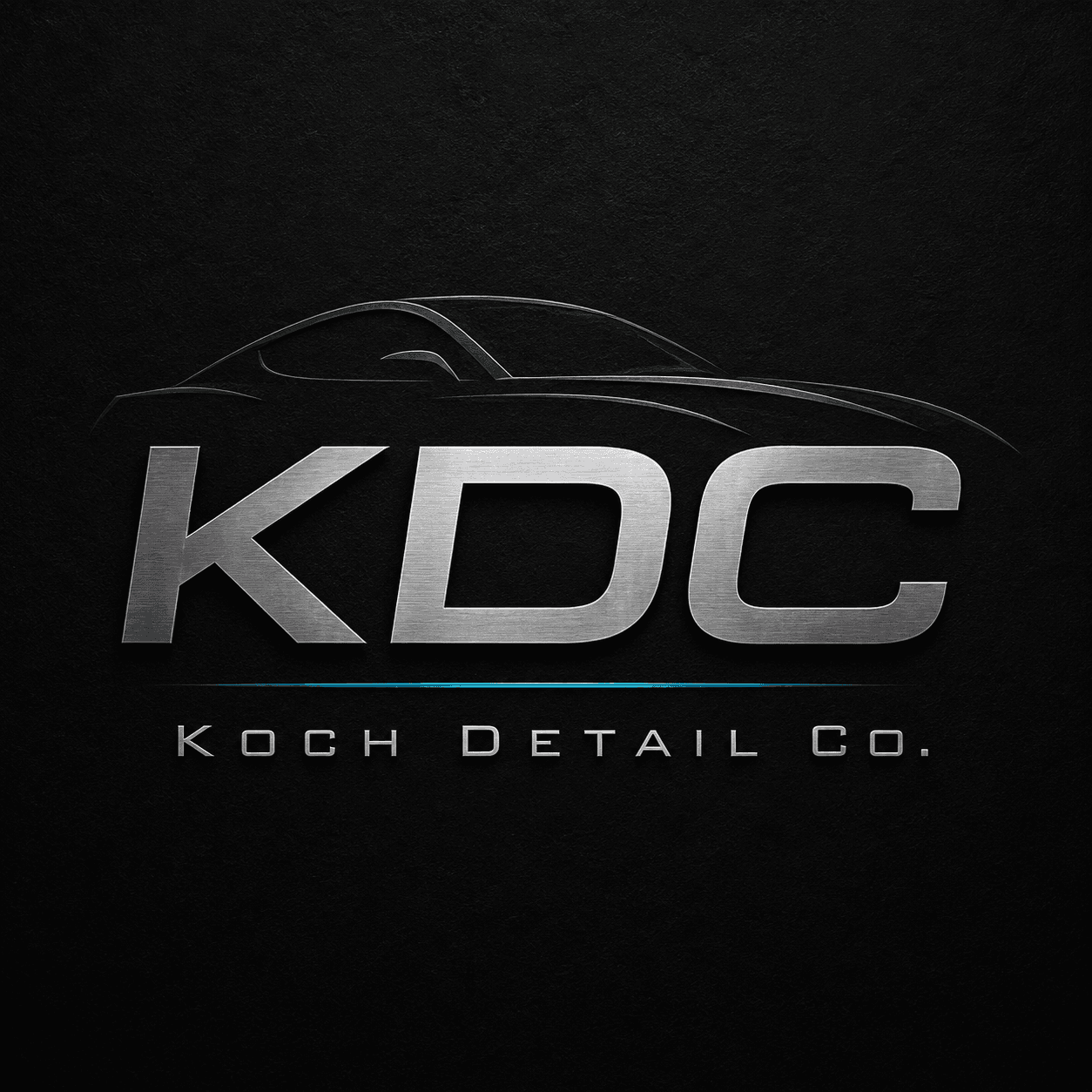 Koch Detail Co. logo featuring silver KDC letters and a sleek car outline on black.